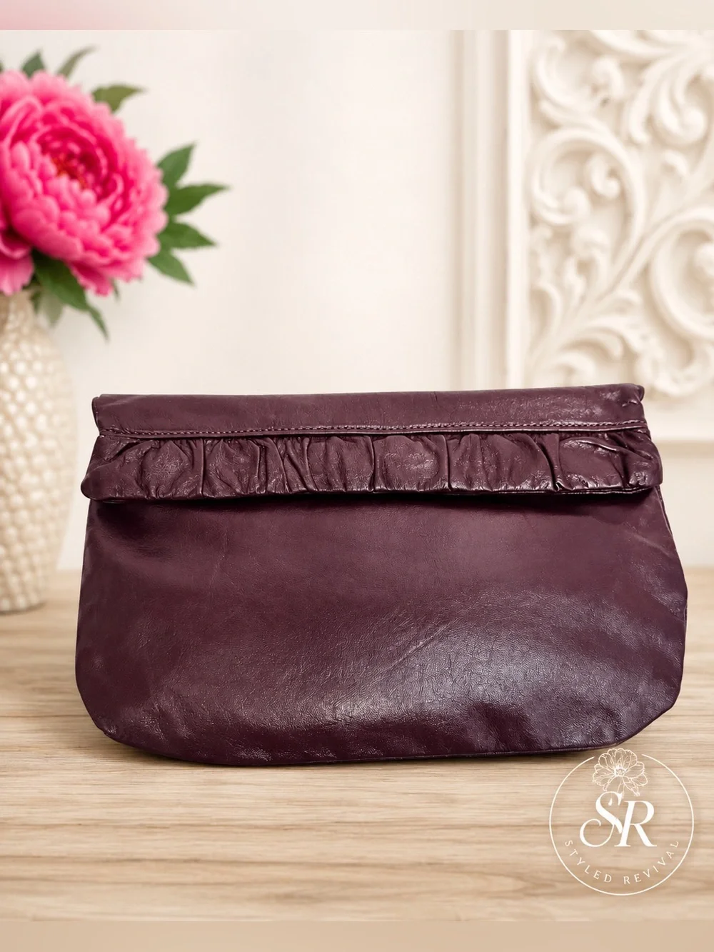 VTG Contessa Plum Leather Foldover Clutch Purse Soft Leather 1970s 1980s